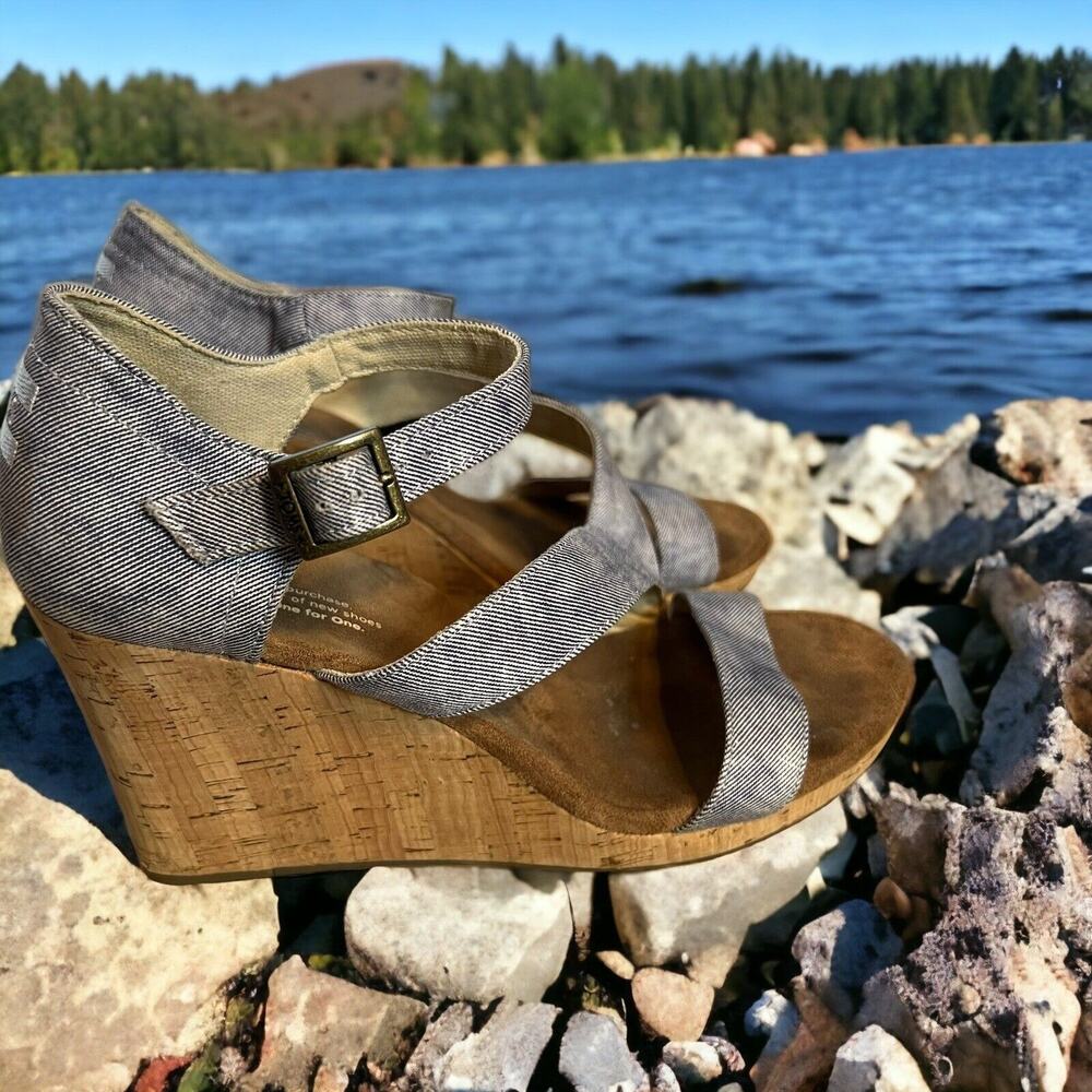 Tom’s Womens Clarissa Blue Wedge Platform Strappy Sandal Sz 9.5W Summer Vacation